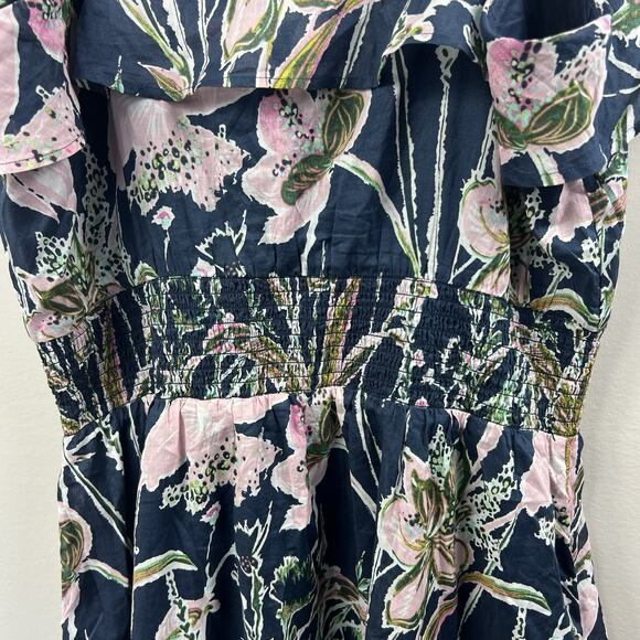 Vineyard Vines Navy Blue Floral Ruffle Midi Tank Dress Size L Smocked - Picture 9 of 12
